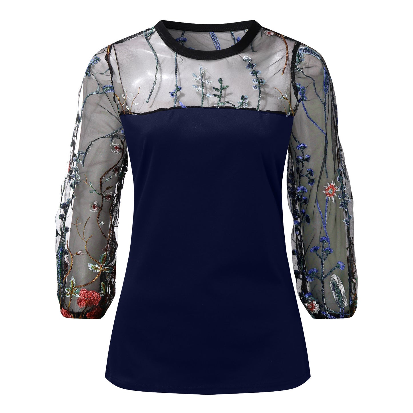 Mesh Embroidered Long-sleeved T-shirt