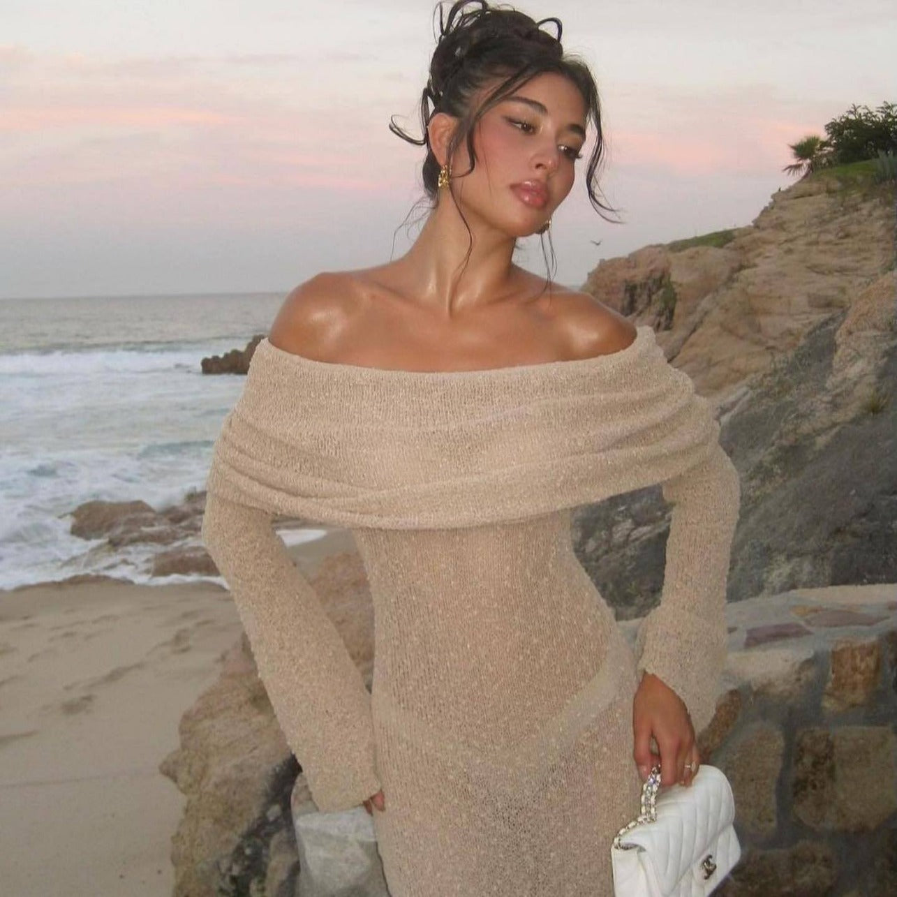 Neues One-Shoulder-Strickkleid mit langen Ärmeln Sexy Strandurlaub Lange Kleider Damenbekleidung