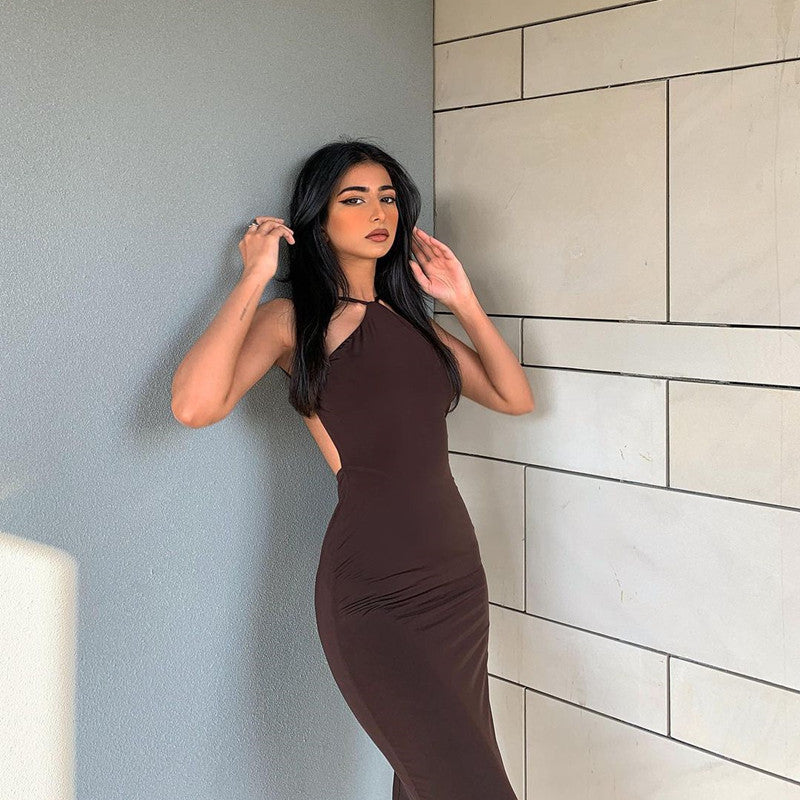Einfarbiges, ärmelloses Neckholder-Kleid, langes Kleid