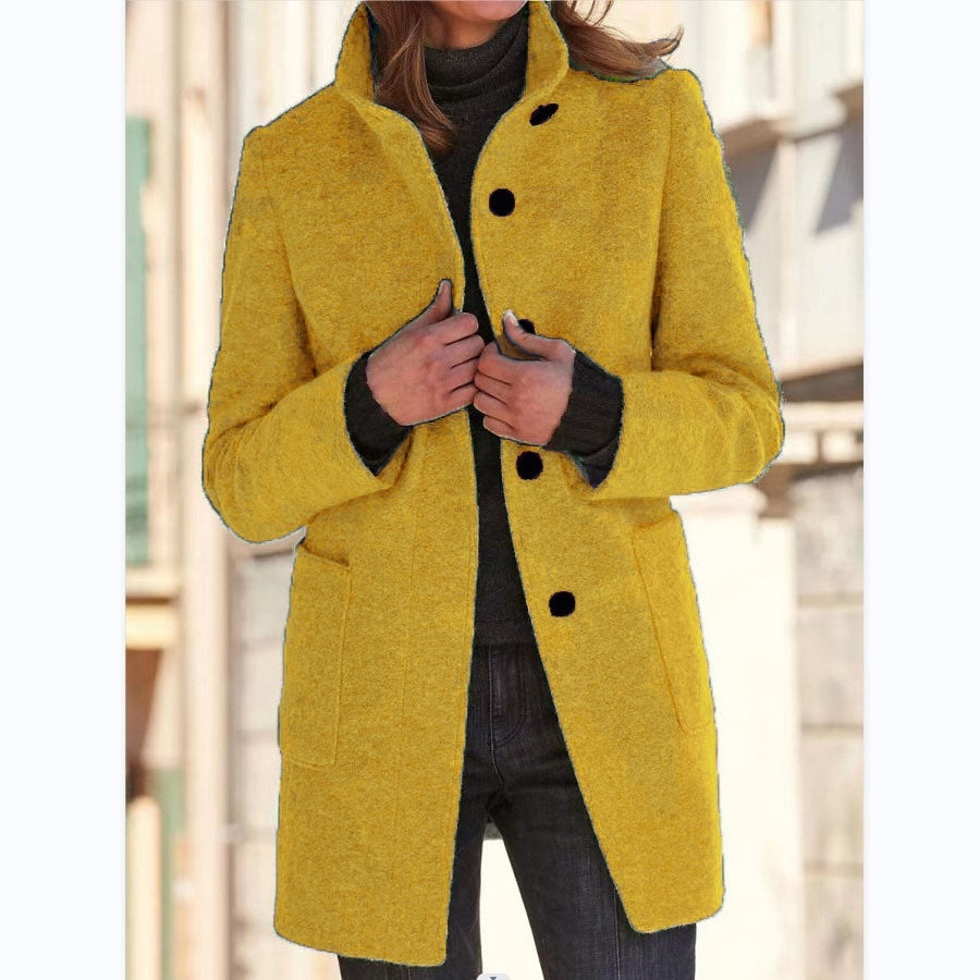 Mode Stehen Kragen Wollmantel Mit Taschen Herbst Winter Casual Taste Outwear Für Frauen Kleidung