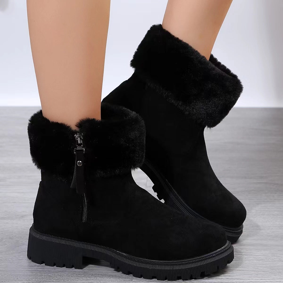 Warme Plüschstiefel, Wintermode, seitlicher Reißverschluss, Schneestiefel für Damen, verdickte Outdoor-Schuhe mit niedrigen Absätzen