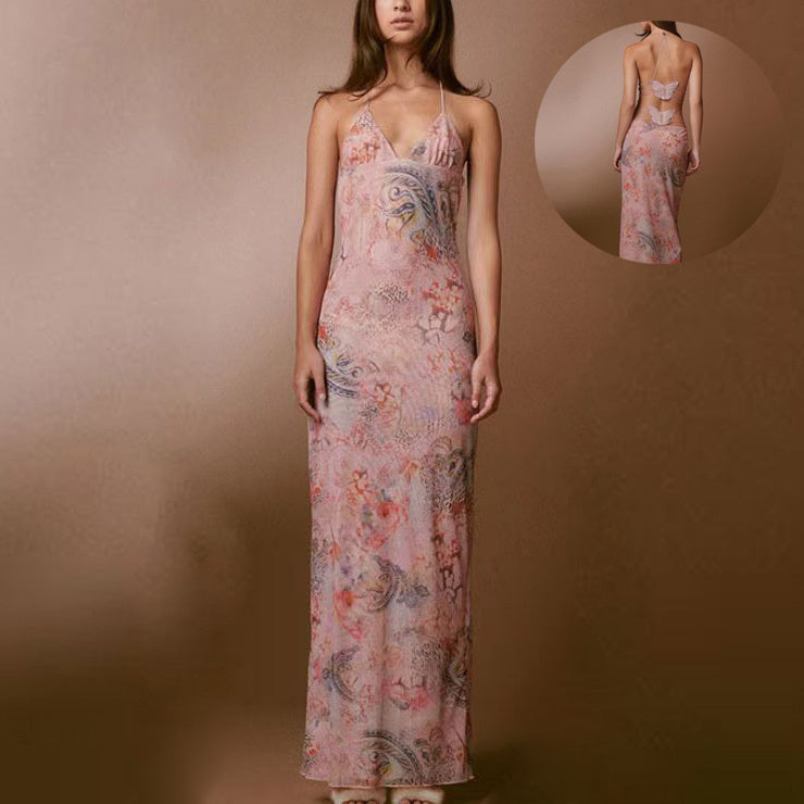 Kleid mit Blumendruck, Neckholder, Spaghettiträgern, sexy, schlankes Kleid mit Schmetterlingsrücken, Frühling und Sommer, Damenbekleidung