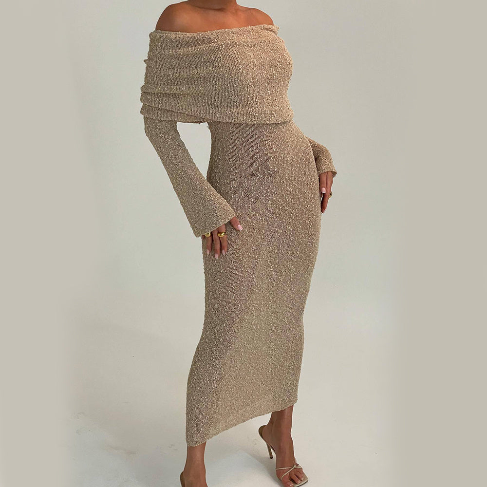 Neues One-Shoulder-Strickkleid mit langen Ärmeln Sexy Strandurlaub Lange Kleider Damenbekleidung