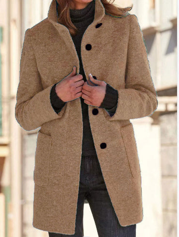Mode Stehen Kragen Wollmantel Mit Taschen Herbst Winter Casual Taste Outwear Für Frauen Kleidung