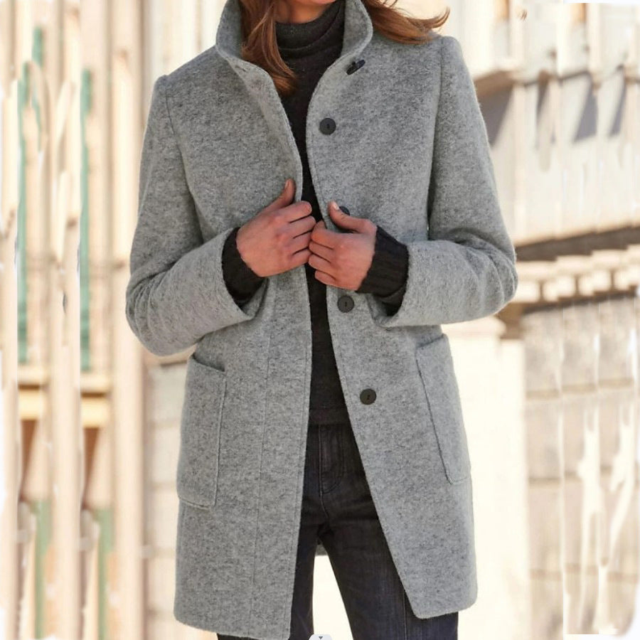 Mode Stehen Kragen Wollmantel Mit Taschen Herbst Winter Casual Taste Outwear Für Frauen Kleidung