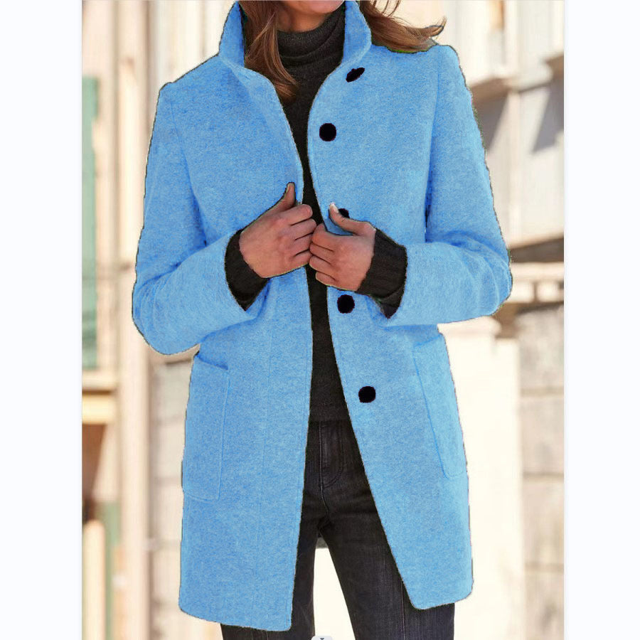 Mode Stehen Kragen Wollmantel Mit Taschen Herbst Winter Casual Taste Outwear Für Frauen Kleidung