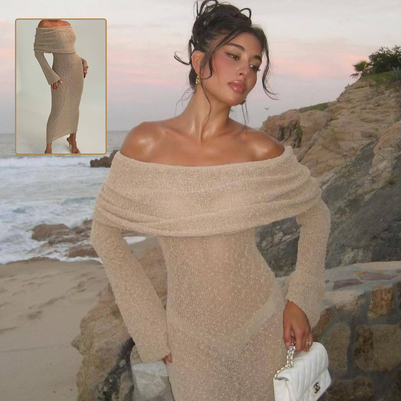 Neues One-Shoulder-Strickkleid mit langen Ärmeln Sexy Strandurlaub Lange Kleider Damenbekleidung