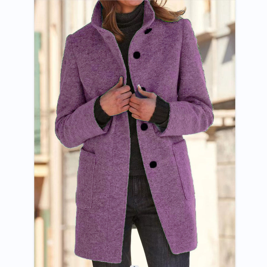 Mode Stehen Kragen Wollmantel Mit Taschen Herbst Winter Casual Taste Outwear Für Frauen Kleidung