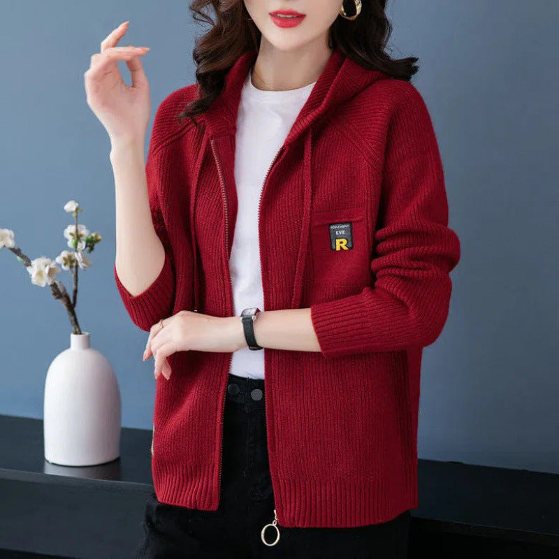 Strickjacke mit Kapuze, verdickter Pullover