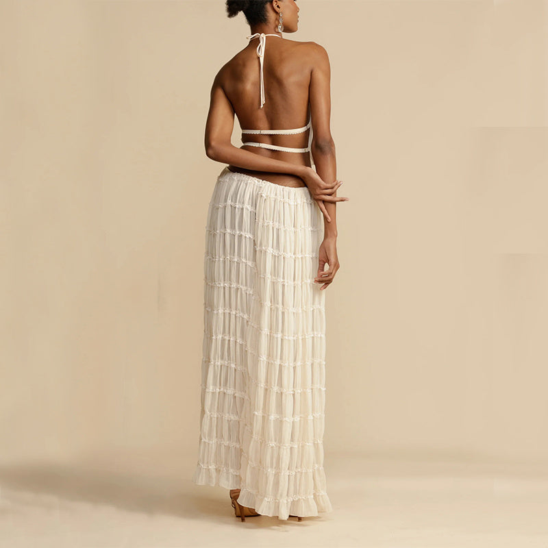Damenanzug, ärmellos, rückenfrei, kurzes Neckholder-Top und plissiertes langes Kleid