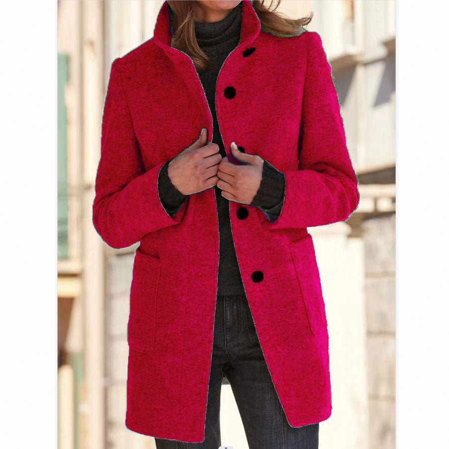 Mode Stehen Kragen Wollmantel Mit Taschen Herbst Winter Casual Taste Outwear Für Frauen Kleidung