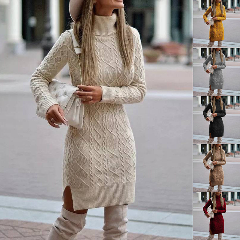 Modisches Rollkragen-Strickkleid mit Schlitzdesign