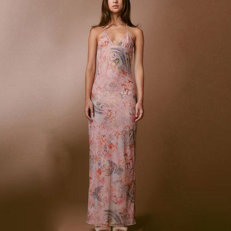Kleid mit Blumendruck, Neckholder, Spaghettiträgern, sexy, schlankes Kleid mit Schmetterlingsrücken, Frühling und Sommer, Damenbekleidung