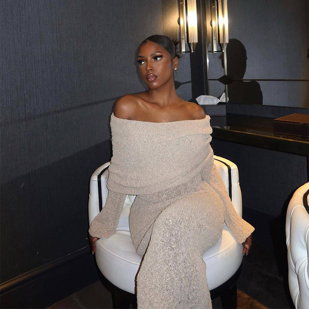 Neues One-Shoulder-Strickkleid mit langen Ärmeln Sexy Strandurlaub Lange Kleider Damenbekleidung