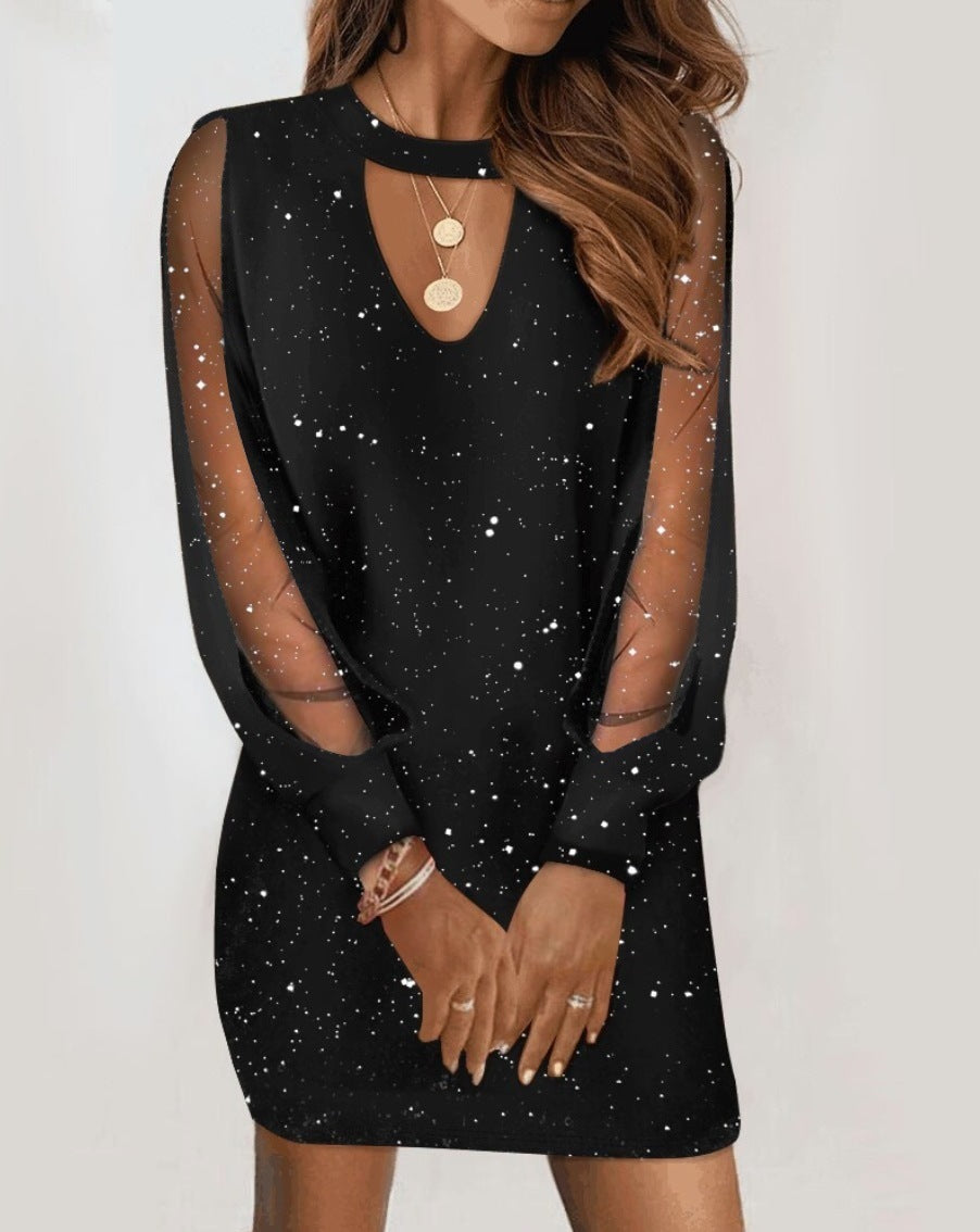Langärmeliges Kleid mit V-Ausschnitt, Frühling und Herbst, neuer Stil, Spitzen-Spleißkleid für Damenbekleidung