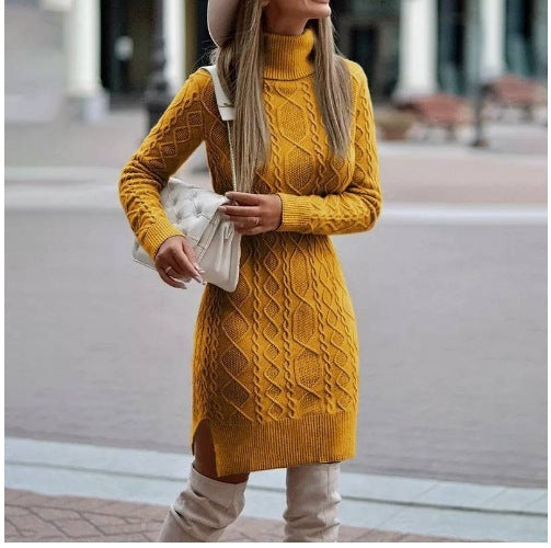Modisches Rollkragen-Strickkleid mit Schlitzdesign