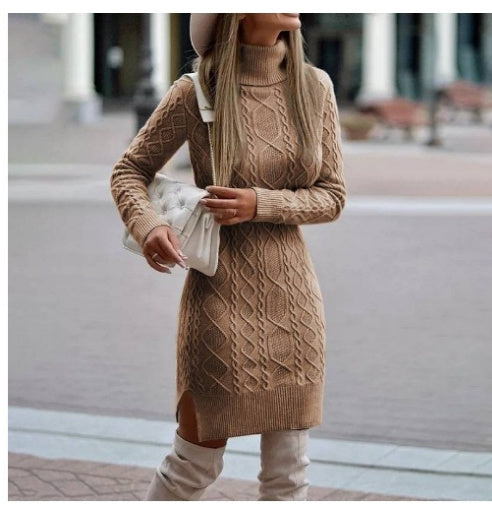 Modisches Rollkragen-Strickkleid mit Schlitzdesign