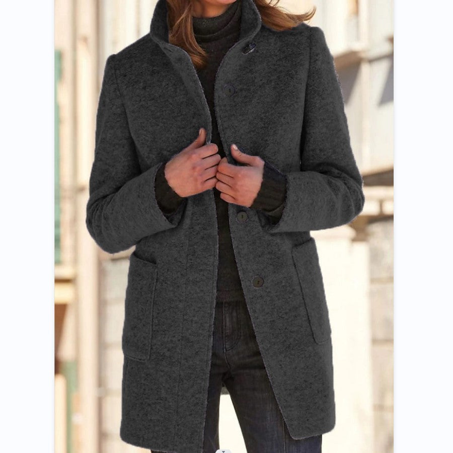 Mode Stehen Kragen Wollmantel Mit Taschen Herbst Winter Casual Taste Outwear Für Frauen Kleidung