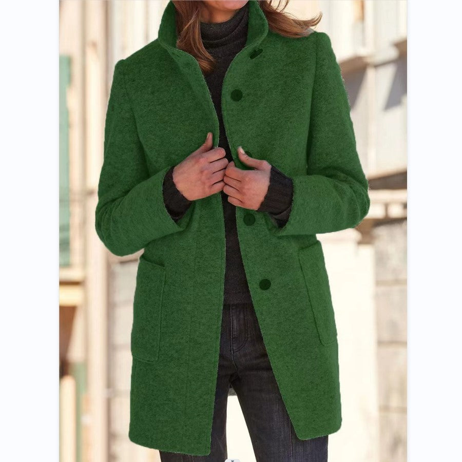 Mode Stehen Kragen Wollmantel Mit Taschen Herbst Winter Casual Taste Outwear Für Frauen Kleidung