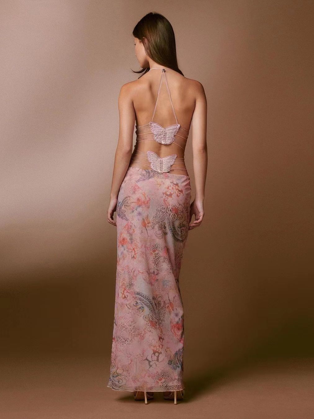 Kleid mit Blumendruck, Neckholder, Spaghettiträgern, sexy, schlankes Kleid mit Schmetterlingsrücken, Frühling und Sommer, Damenbekleidung