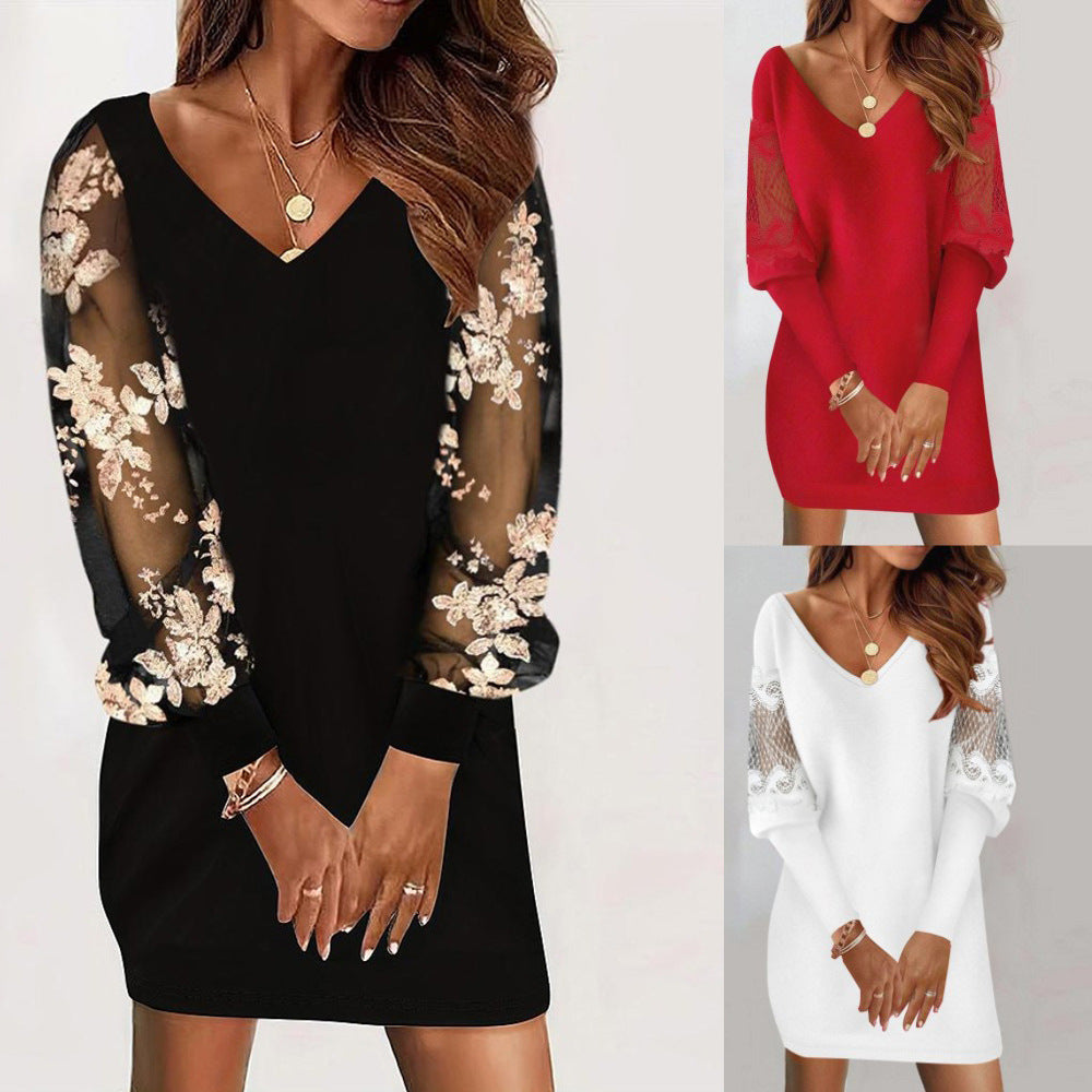 Langärmeliges Kleid mit V-Ausschnitt, Frühling und Herbst, neuer Stil, Spitzen-Spleißkleid für Damenbekleidung