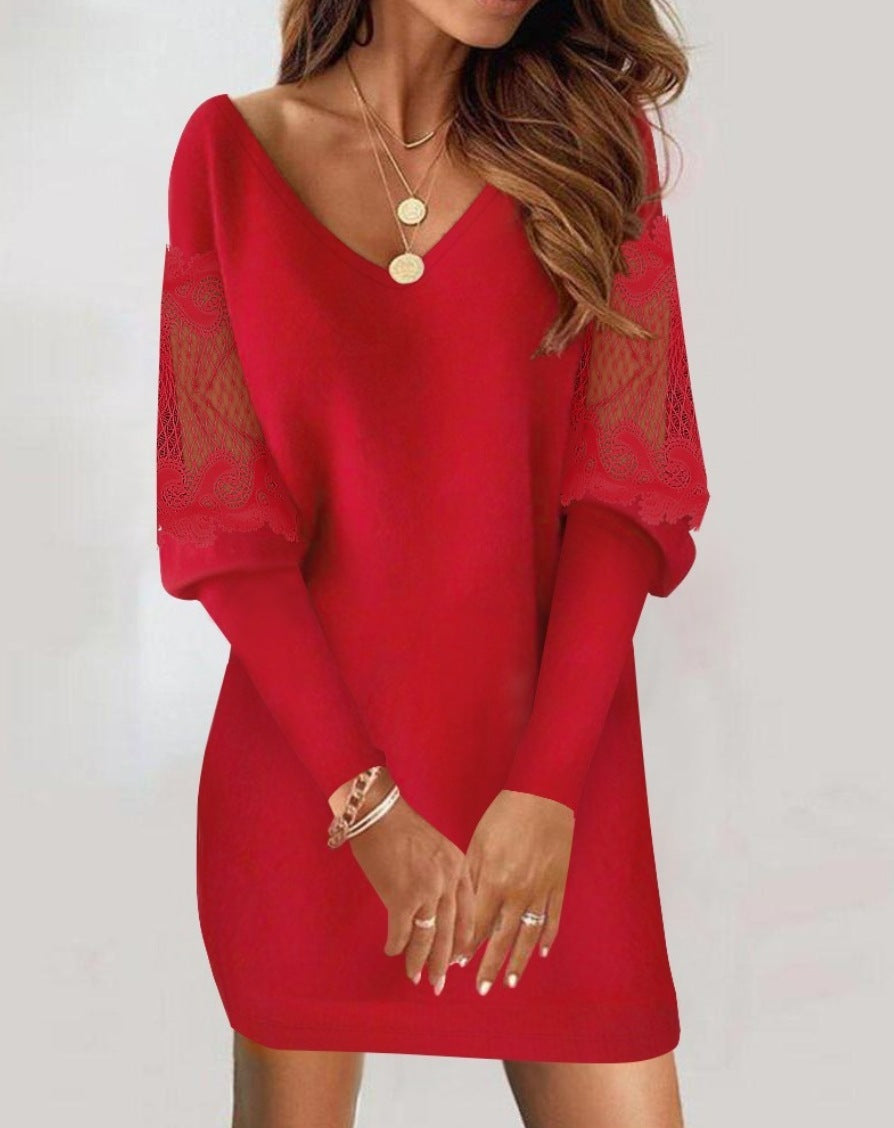 Langärmeliges Kleid mit V-Ausschnitt, Frühling und Herbst, neuer Stil, Spitzen-Spleißkleid für Damenbekleidung