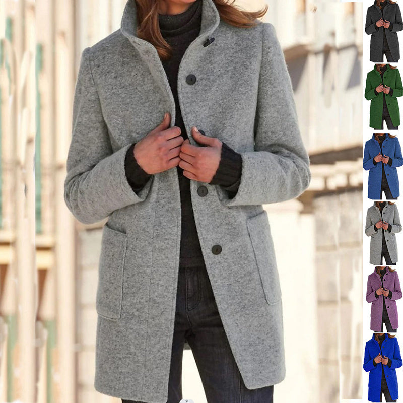 Mode Stehen Kragen Wollmantel Mit Taschen Herbst Winter Casual Taste Outwear Für Frauen Kleidung