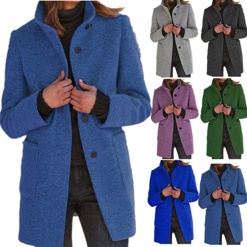 Mode Stehen Kragen Wollmantel Mit Taschen Herbst Winter Casual Taste Outwear Für Frauen Kleidung