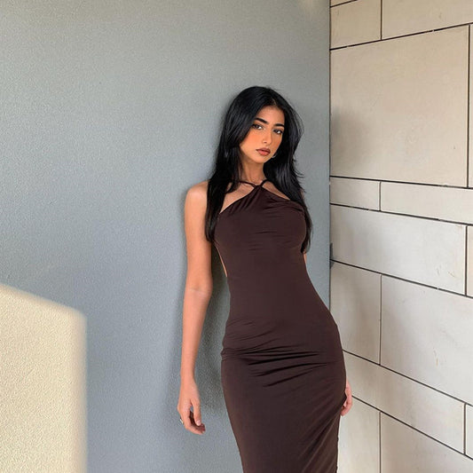 Einfarbiges, ärmelloses Neckholder-Kleid, langes Kleid