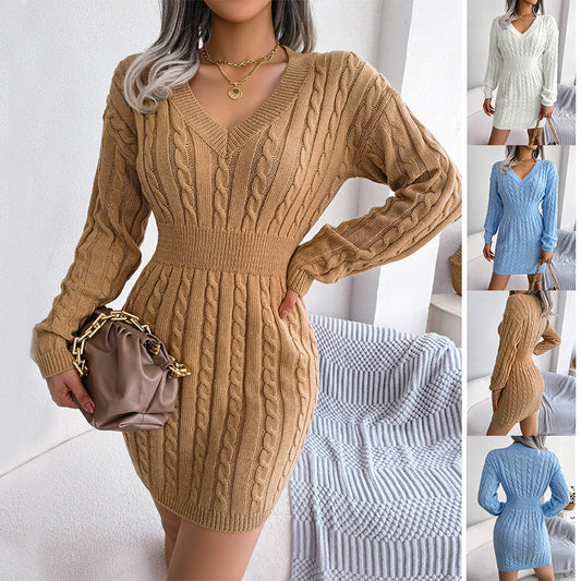 Einfarbiger, langärmliger Strickpullover mit V-Ausschnitt