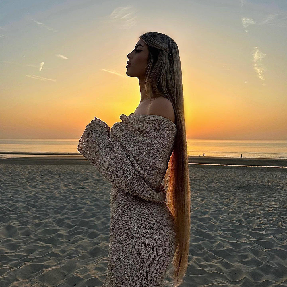 Neues One-Shoulder-Strickkleid mit langen Ärmeln Sexy Strandurlaub Lange Kleider Damenbekleidung