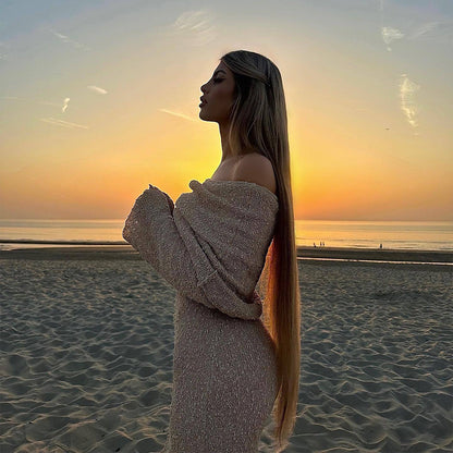 Neues One-Shoulder-Strickkleid mit langen Ärmeln Sexy Strandurlaub Lange Kleider Damenbekleidung