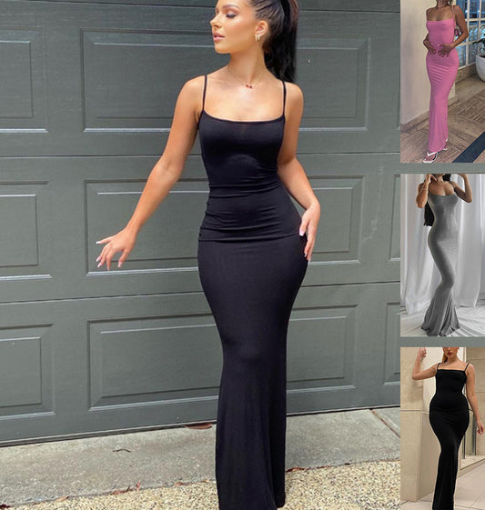 Spaghettiträger, langes Kleid für Damen, schlank, dünn, figurbetont