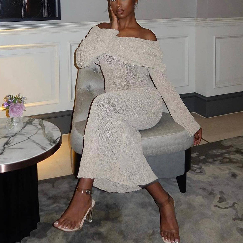 Neues One-Shoulder-Strickkleid mit langen Ärmeln Sexy Strandurlaub Lange Kleider Damenbekleidung