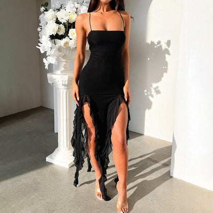Hosenträger Enger, schmaler Rock, modisches Kleid mit geteiltem Rüschen-Design, Sommer-Damenbekleidung