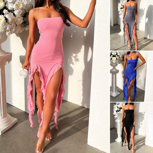 Hosenträger Enger, schmaler Rock, modisches Kleid mit geteiltem Rüschen-Design, Sommer-Damenbekleidung