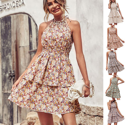 Sommer bedrucktes Neckholder-Kleid, modisches Boho-Strandkleid mit rückenfreiem Rüschen und A-Linie