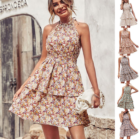 Sommer bedrucktes Neckholder-Kleid, modisches Boho-Strandkleid mit rückenfreiem Rüschen und A-Linie