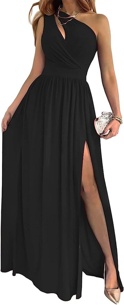 Ärmelloses, elegantes, sexy Cocktail-Maxikleid für Damen mit einer Schulter, hohem Schlitz und Ausschnitt