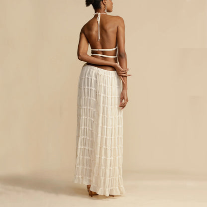 Damenanzug, ärmellos, rückenfrei, kurzes Neckholder-Top und plissiertes langes Kleid