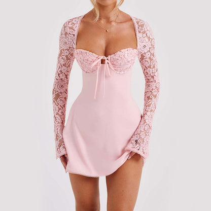 Modisches Korsett-Spitzen-Langarmkleid