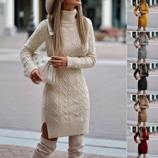Modisches Rollkragen-Strickkleid mit Schlitzdesign
