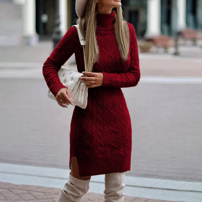 Modisches Rollkragen-Strickkleid mit Schlitzdesign