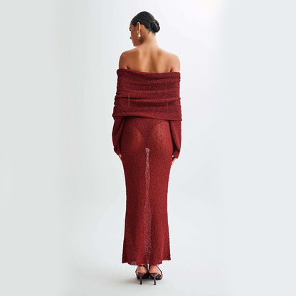 Neues One-Shoulder-Strickkleid mit langen Ärmeln Sexy Strandurlaub Lange Kleider Damenbekleidung