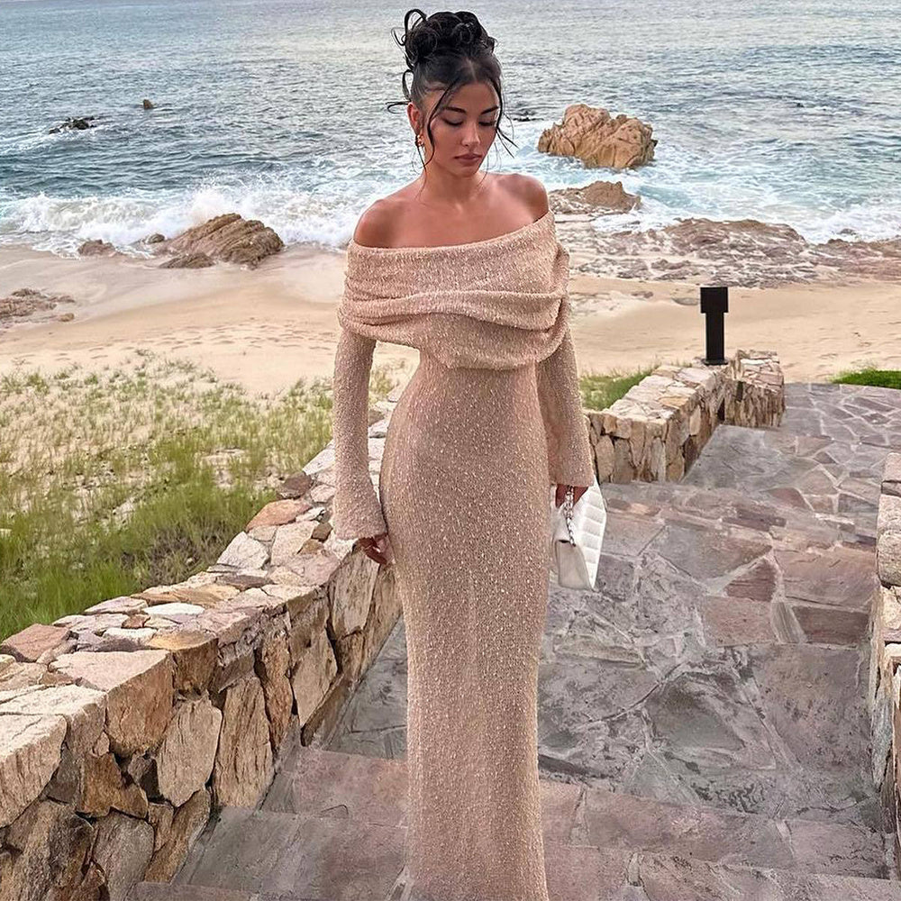 Neues One-Shoulder-Strickkleid mit langen Ärmeln Sexy Strandurlaub Lange Kleider Damenbekleidung