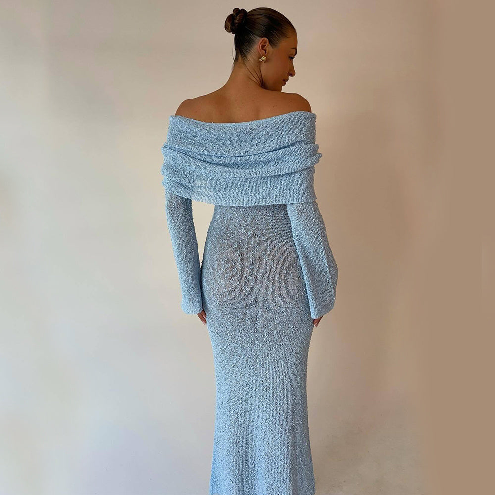 Neues One-Shoulder-Strickkleid mit langen Ärmeln Sexy Strandurlaub Lange Kleider Damenbekleidung