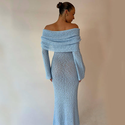 Neues One-Shoulder-Strickkleid mit langen Ärmeln Sexy Strandurlaub Lange Kleider Damenbekleidung