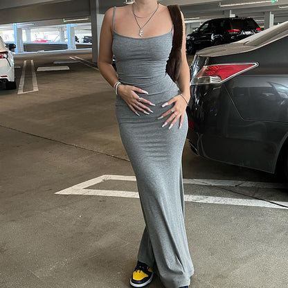 Spaghettiträger, langes Kleid für Damen, schlank, dünn, figurbetont