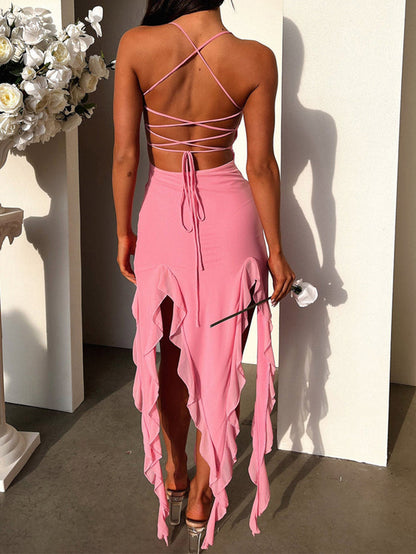 Hosenträger Enger, schmaler Rock, modisches Kleid mit geteiltem Rüschen-Design, Sommer-Damenbekleidung