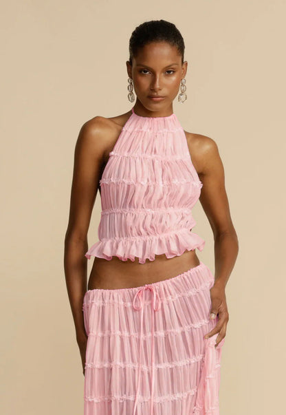 Damenanzug, ärmellos, rückenfrei, kurzes Neckholder-Top und plissiertes langes Kleid